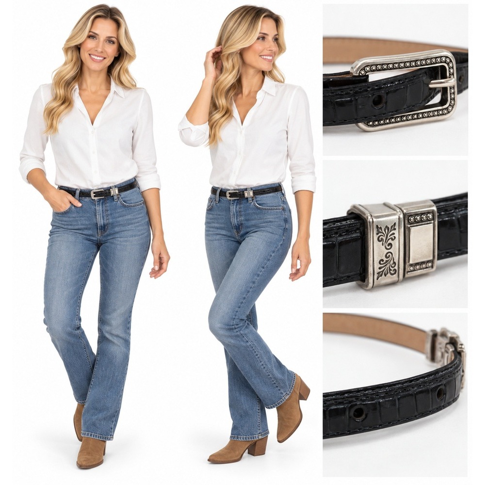 Brighton Belt S Black Croc Embossed Leather Silver Western Skinny Cowgirl Boho